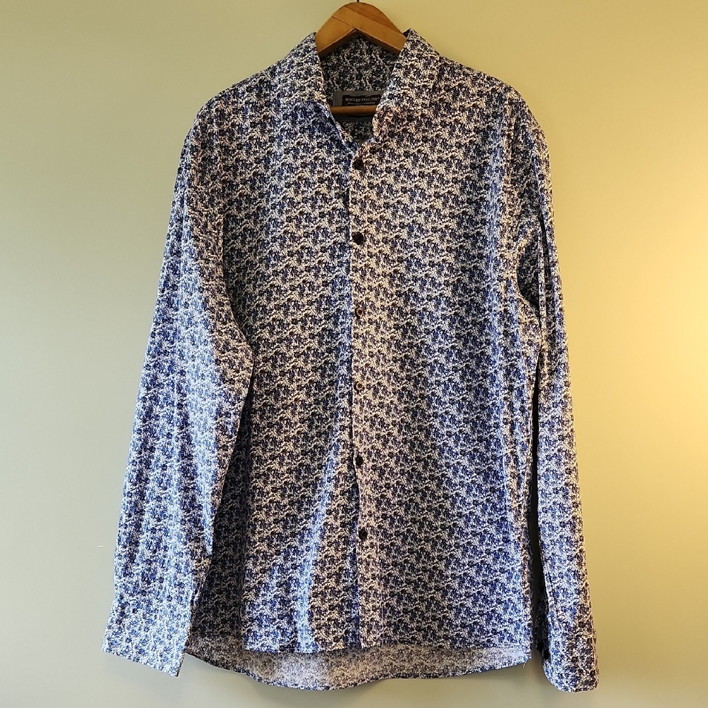 Modern English XXL Stretch Floral Shirt – Blue & White Button-Down